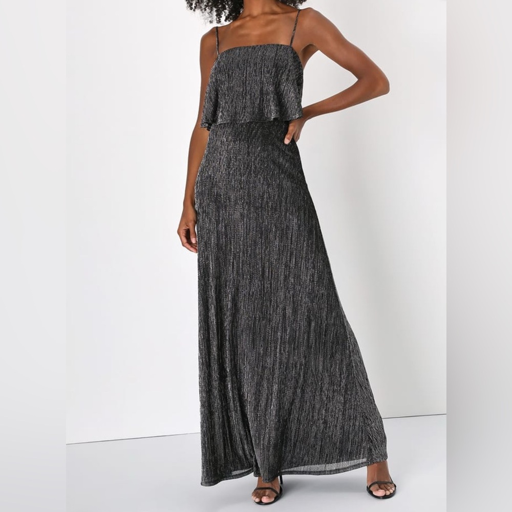 NWT! Lulus Elegant Shimmer Shiny Black and Silver Plisse Maxi Dress